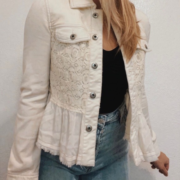 Free People White Cream Lace Jean Jacket Peplum Size 0